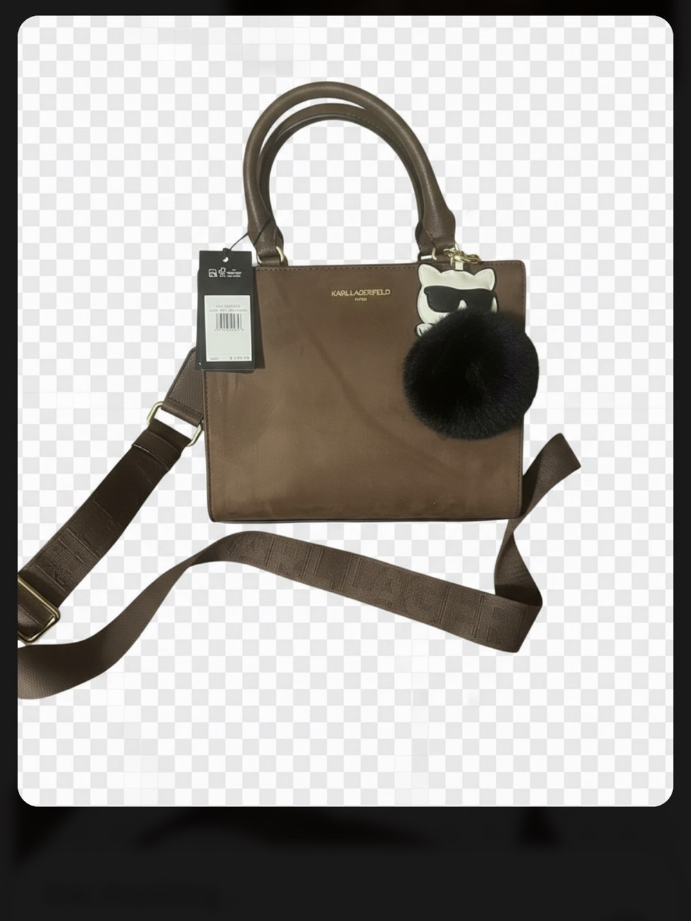 Karl Lagerfeld Brown Suede Satchel with Pom-Pom Charm